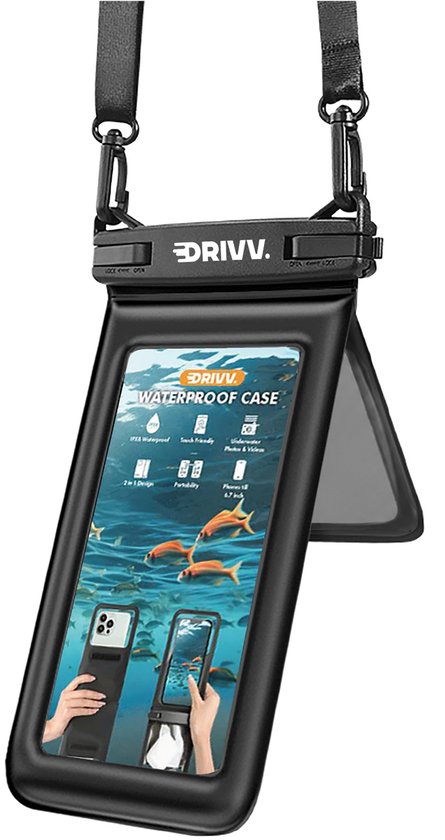 Étui étanche 2-en-1 Drivv Luxe pour téléphone - Flottant - Double fermeture à clip - Pour téléphones jusqu'à 7 pouces - Noir