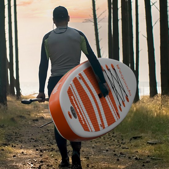 LifeGoods PaddlePro SUP Board - avec siège - Planche à pagaie gonflable - Ensemble complet - Max. 135KG - 320x81cm - Blanc/Orange