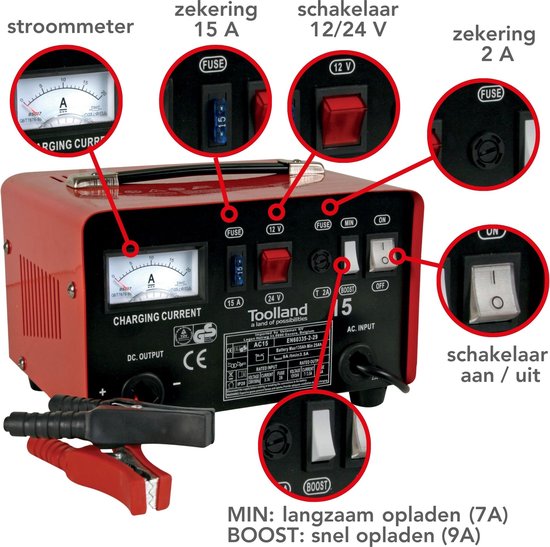Toolland Chargeur de batterie 12/24 V, avec booster/aide au démarrage 9 A, avec protection thermique contre les surcharges, ampèremètre - boîtier métallique, rouge