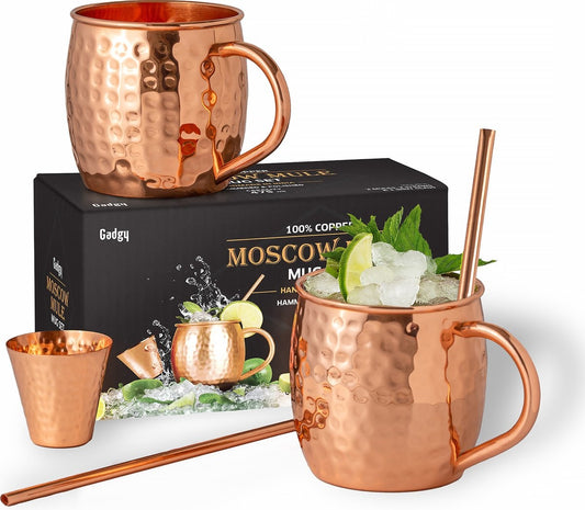 Gadgy Moscow Mule Cups Set - 100% Copper - Set cocktail : 2 verres à cocktail, 2 pailles et 1 mesure de bar