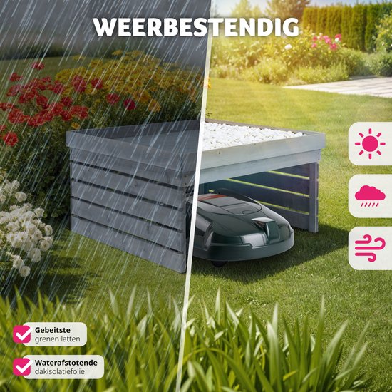 tectake® Garage pour tondeuse robotisée - Boîtier en bois avec toit vert, jardinière, bac à fleurs - Rangement de jardin pour tondeuse - Résistant aux intempéries et aux UV - 84 x 78 x 46 cm