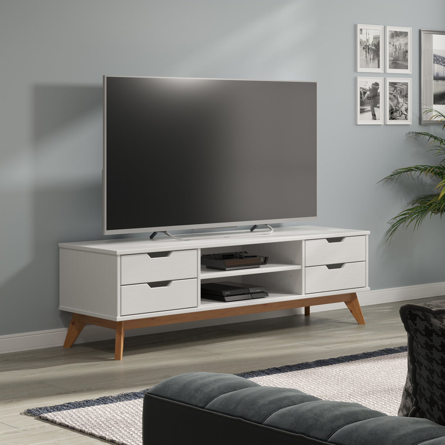 Borneo Meuble TV - Pin certifié FSC® - 140x42x40 Blanc