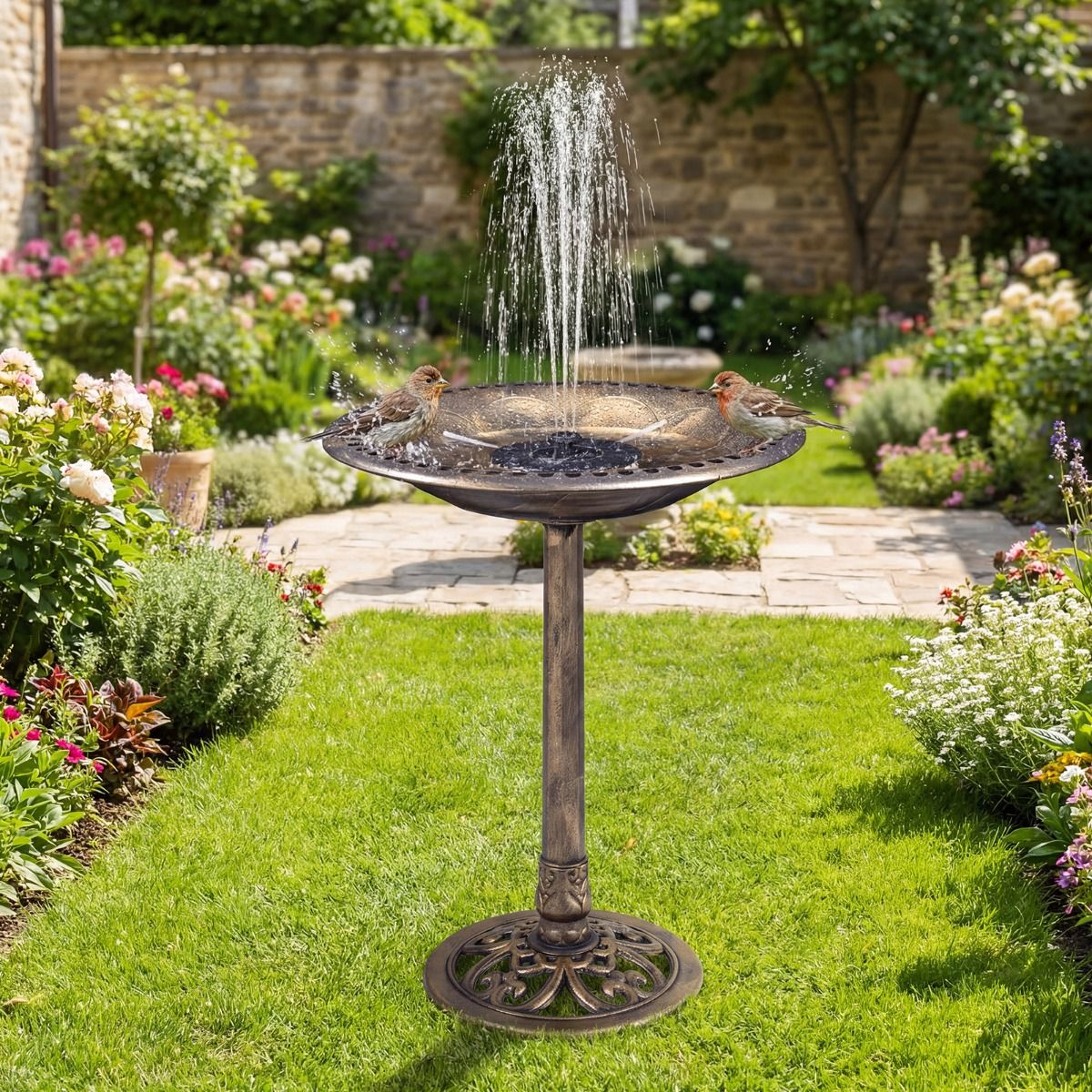 Bain d'oiseaux Coast avec fontaine à énergie solaire - Mangeoire d'extérieur rétro 2-en-1 - 50 x 50 x 72 cm - Bronze
