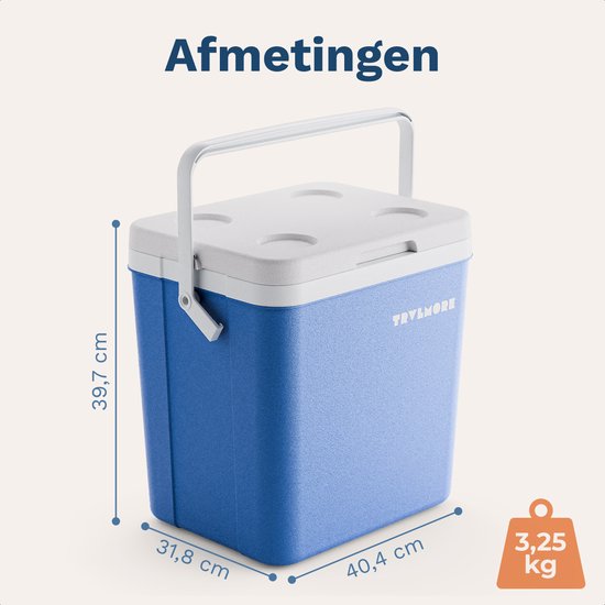 TRVLMORE Cool Box 26L - 65 heures de réfrigération - Frigobox - 2 éléments réfrigérants inclus - Bleu