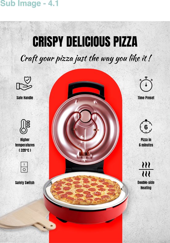 Four à pizza Bestron Turbo pour des pizzas prêtes en 5 à 10 minutes, four à pizza électrique avec une température maximale réelle de 320 °C, livré avec une pierre à pizza et 2 grandes spatules en bois, Viva Italia, couleur : rouge