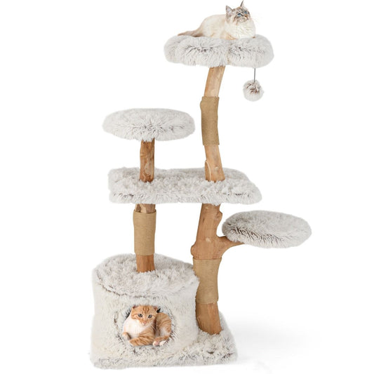 Arbre à chat Coast 135 cm en bois de poirier massif - Poteaux à griffer en jute - Perchoir en peluche - Blanc/Naturel