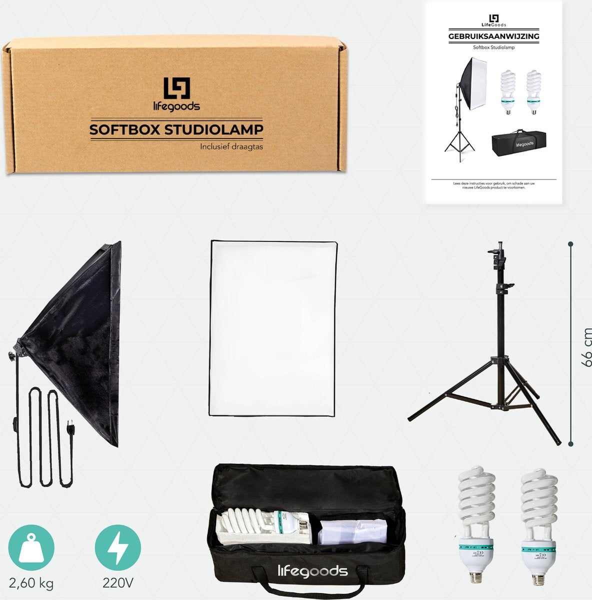 Lampe de studio LifeGoods - Set complet avec sac de transport - 50x70 cm - Noir