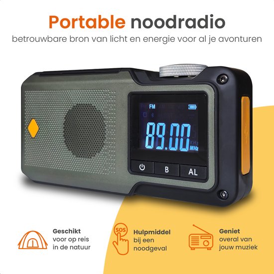 Radio d'urgence Goliving - 17 x 9 x 4 cm - Radio portable - Powerbank solaire rembobinable - Lampe de poche rechargeable - Réveil numérique - Bluetooth - 10000 mAH - 80 dB - Noir