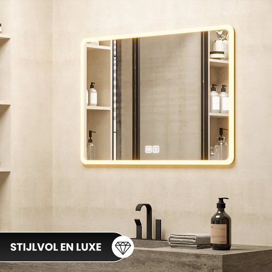 Bayt Miroir de salle de bain - Miroir de salle de bain avec éclairage - Miroir mural - 3 positions LED - Anti-buée - 75x52 cm