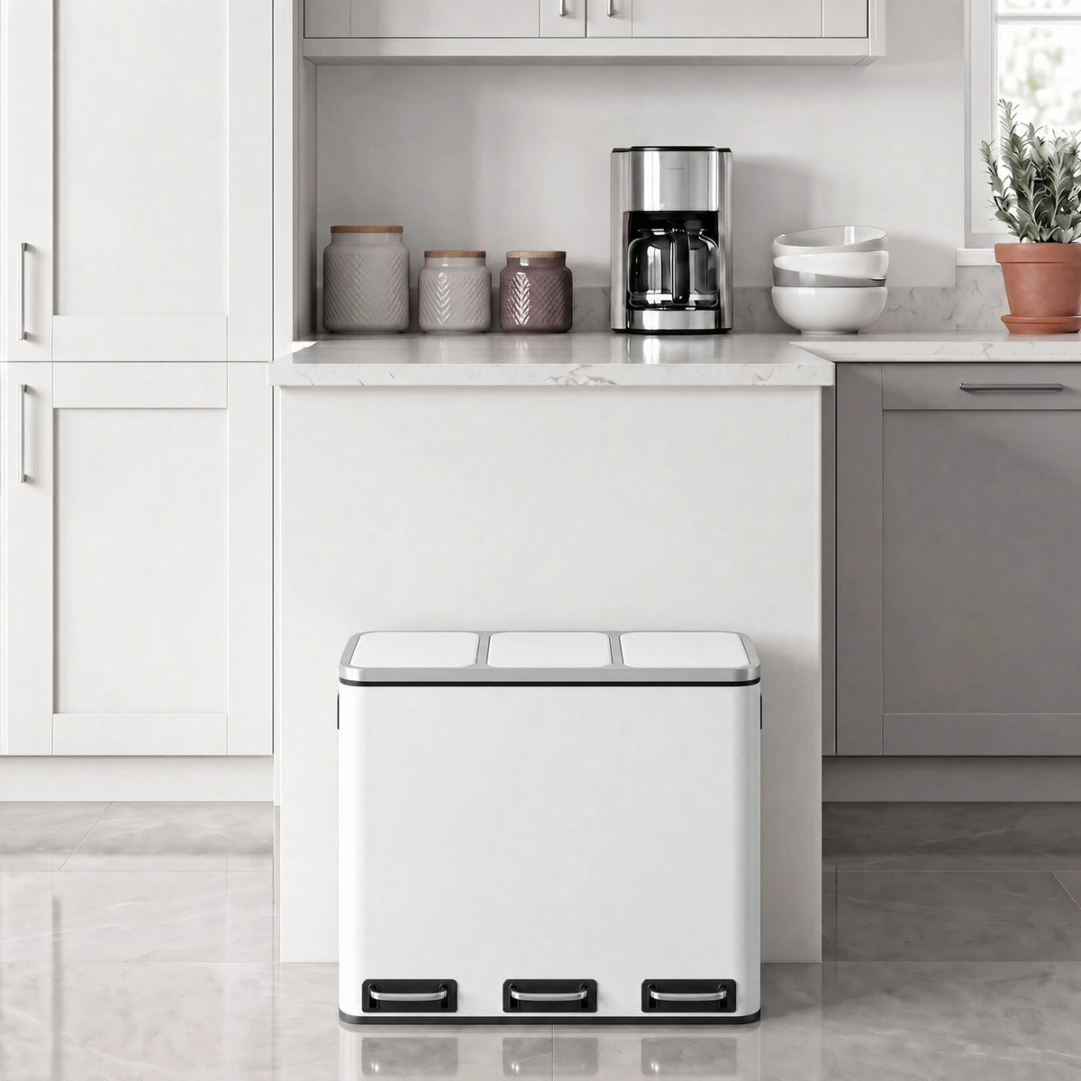 Poubelle de cuisine Joyfurnos 3 x 18 L - Tri sélectif avec pédale - Couvercle à fermeture douce - 61 x 31,5 x 55,5 cm - Blanc