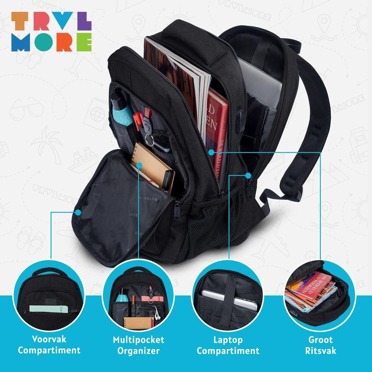 TRVLMORE Sac à dos - 28L - 15.6 inch - Sac à dos pour ordinateur portable - Sac d'école - Unisex - Splashproof Black