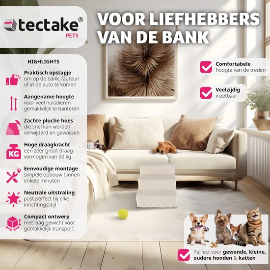 tectake® escalier pour chien ou escalier pour chat, escalier pour animaux de compagnie, aide à la pension avec housse lavable, marche extra plate, escalier pour canapé, lit ou voiture (beige, 37 x 45 x 34,5 cm, 3)