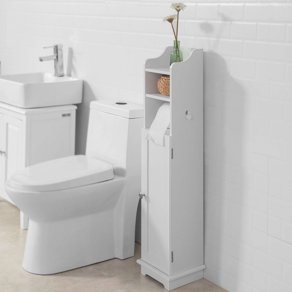 SoBuy Meuble de toilette avec porte-rouleau - Blanc - 20x100x18 cm