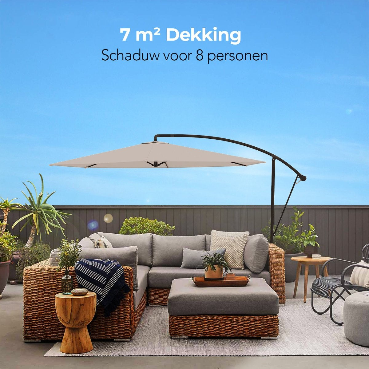 LifeGoods Parasol flottant - jusqu'à 8 personnes - Ø300cm - imperméable - avec housse et base en croix - jardin ou plage - Crème