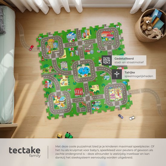 tectake® - Tapis de jeu - tapis de jeu en mousse - Tapis de jeu bébé - Ville et routes - 90 x 90 cm - Tapis puzzle 9 pièces - Antidérapant - Absorbe le bruit et résiste à l'humidité