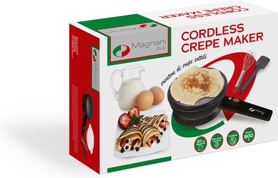 Magnani - Appareil à crêpes - Revêtement antiadhésif - Spatule, fouet et assiette inclus - Poêle à crêpes - Électrique - 800 W