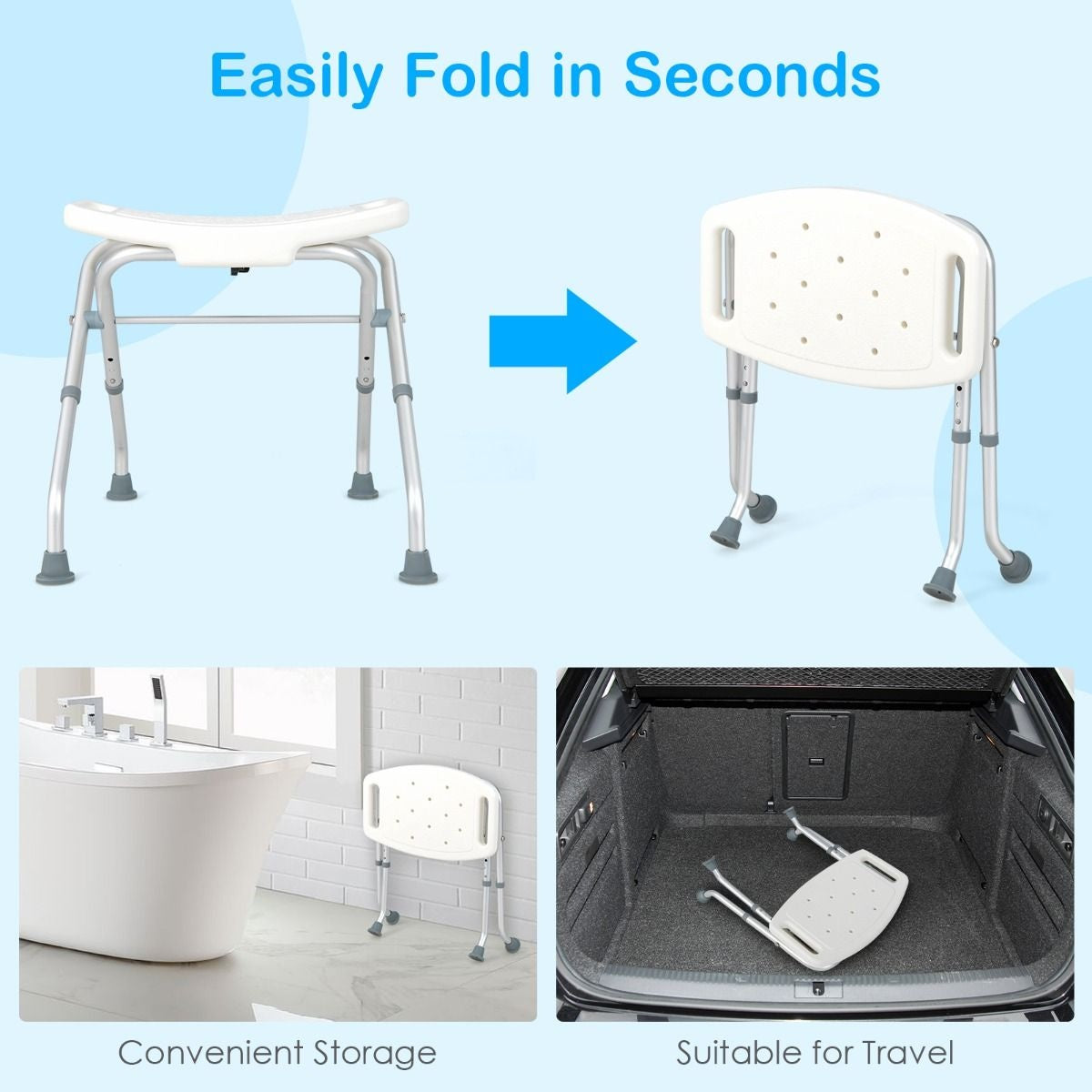 Siège de douche - Coast - Tabouret de douche - réglable en hauteur - Poignées à 3 niveaux -Léger et pliable - Capacité max 150 kg