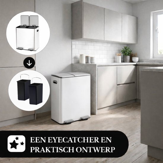 Bayt Poubelle - Poubelle 60 litres (2x30) - Poubelle 60 litres - Poubelle à pédale 60 litres - Poubelle Séparation des déchets - Poubelle 2 compartiments - Poubelle - inox - Blanc