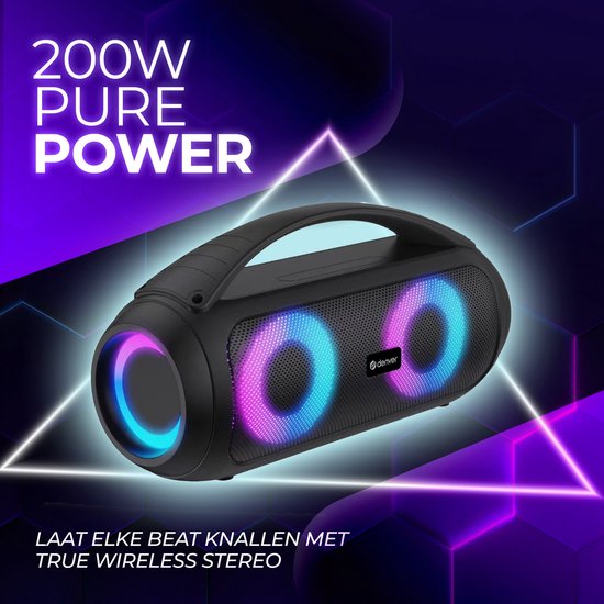 Denver Enceinte Bluetooth sans fil - Effets de lumière - Boîte à musique - AUX - TWS Pairing - BTG616