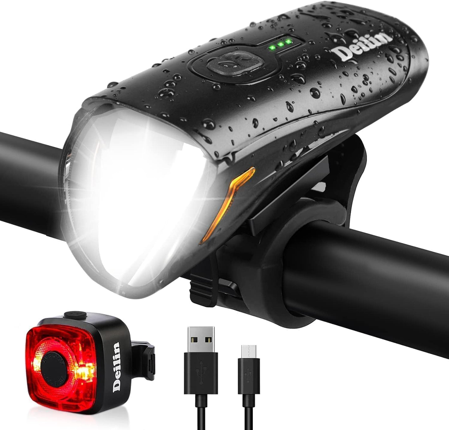 Kit d'éclairage vélo Delin Premium – Doté d'un réglage intelligent de la luminosité, d'un indicateur de batterie et d'un boîtier étanche IPX5 – Pour montage sur guidon et sécurité routière – Polycarbonate noir – 100 lux