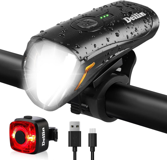 Kit d'éclairage vélo Delin Premium – Doté d'un réglage intelligent de la luminosité, d'un indicateur de batterie et d'un boîtier étanche IPX5 – Pour montage sur guidon et sécurité routière – Polycarbonate noir – 100 lux