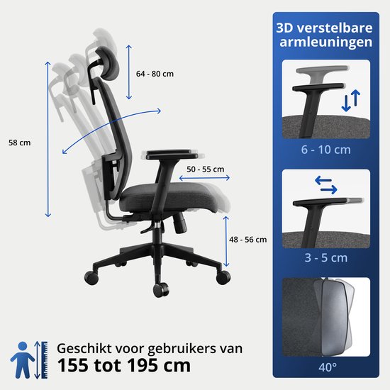 Chaise de bureau ergonomique Backerz - Chaises de bureau pour adultes jusqu'à 160 kg - Chaise de bureau en tissu - NEN-EN1335