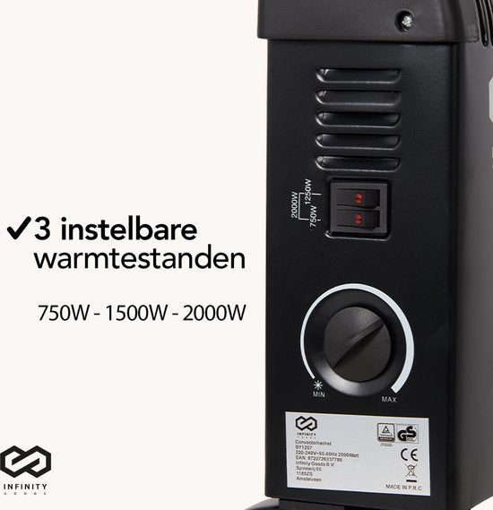 Infinity Goods Radiateur électrique convecteur - 750 / 1500 / 2000W - Thermostat réglable - Radiateur - Protection contre la surchauffe - 35m² - Noir