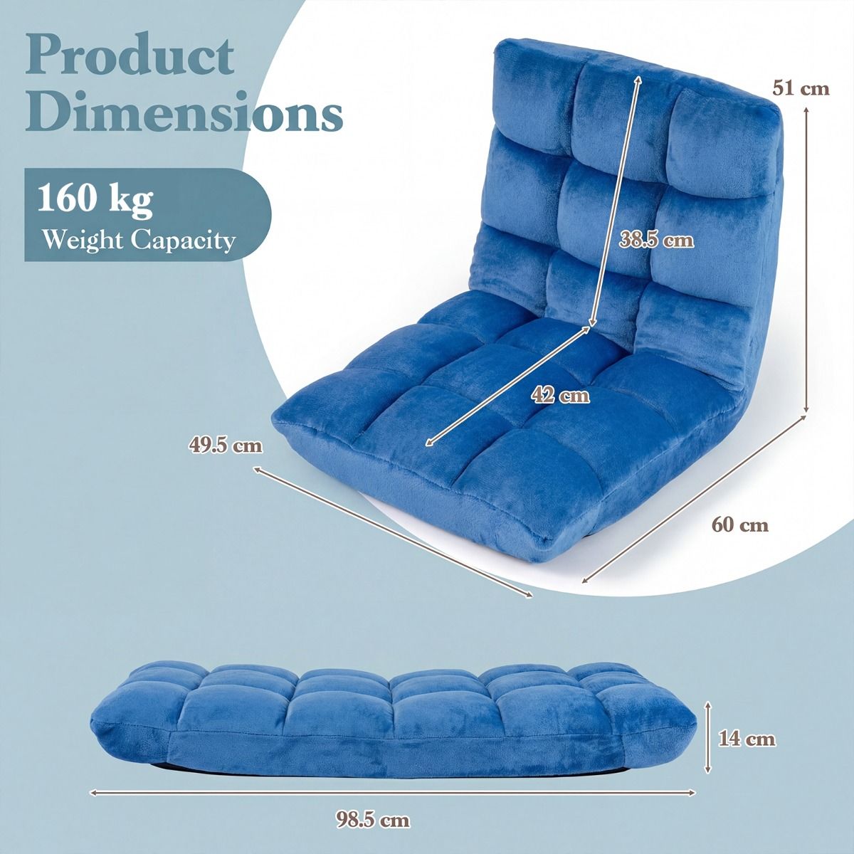 Chaise longue pliable Coast Tatami - dossier réglable sur 14 positions - mousse haute densité - bleu