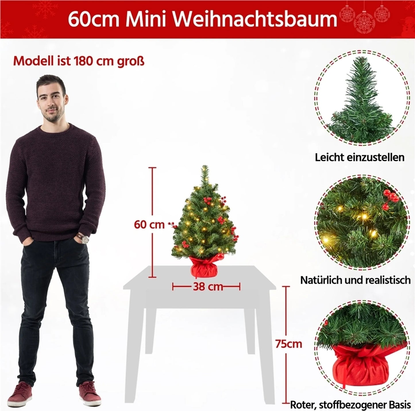 Yaheetech Arbre de Noël de table avec lumières - 38 x 38 x 60 cm - avec 35 lumières LED et 40 baies rouges et base en béton avec tissu rouge - pour le buffet et le bureau - PVC vert et béton