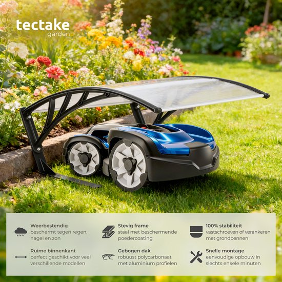 tectake® Abri pour tondeuse robot - Carport pour tondeuse à gazon - Abri pour station de recharge de tondeuse robot - Résistant aux intempéries - 81 x 100 x 48 cm - 4 piquets de fixation inclus - Transparent
