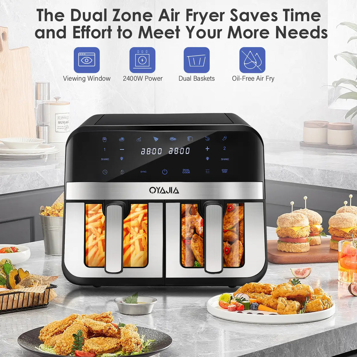 Friteuse à air chaud Oyajia à deux zones avec réglage indépendant de la température - Écran tactile numérique - 4,5 L - Noir