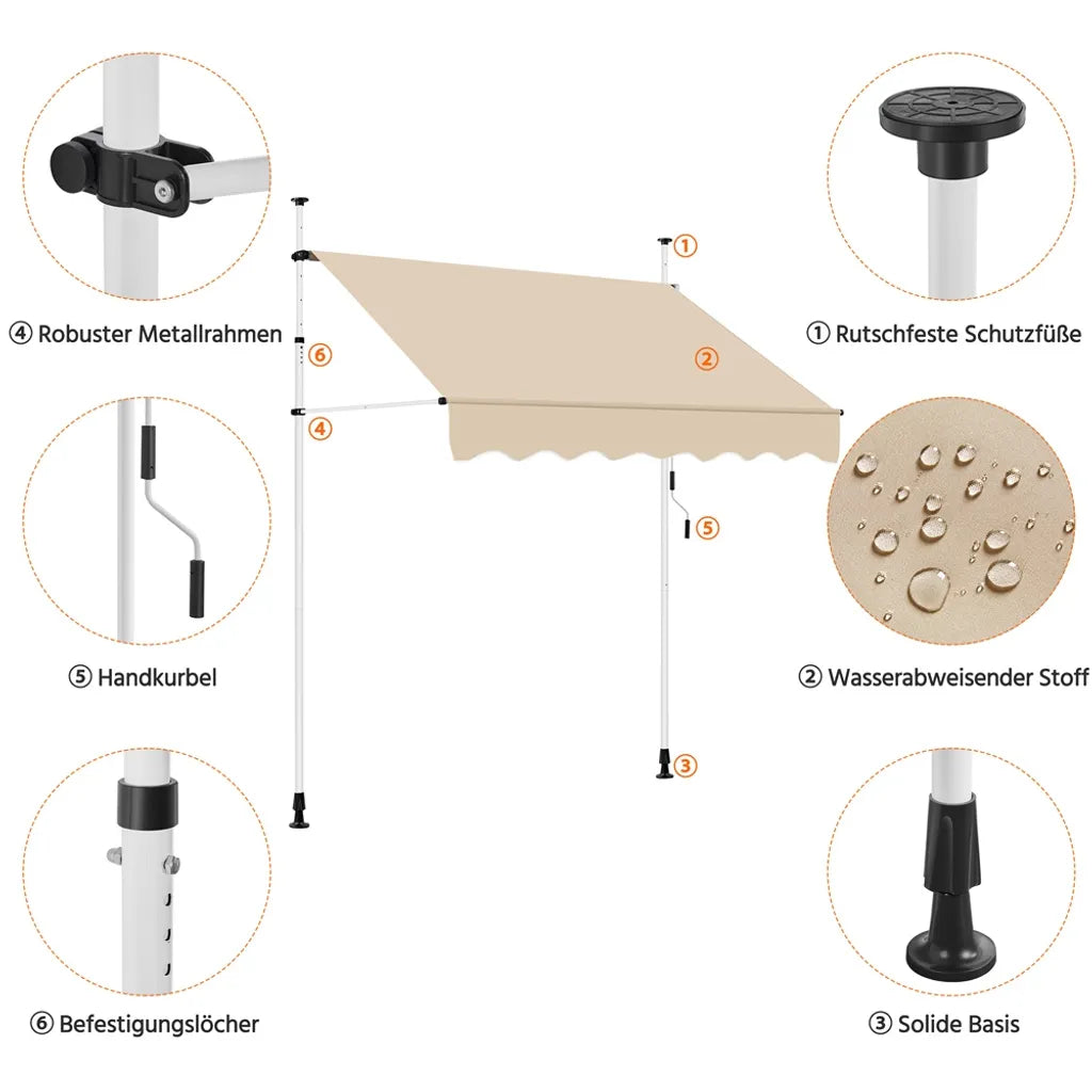Yaheetech Parasol de balcon 200 × 180 cm - Beige - Parasol à pince sans perçage avec manivelle et hauteur réglable 210-300 cm
