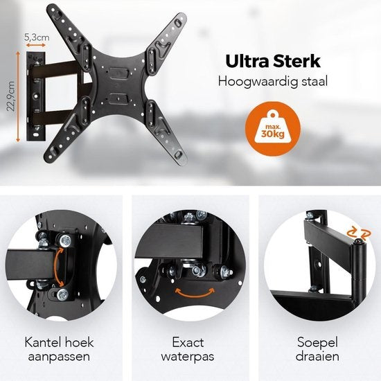 Auronic Support TV rotatif et inclinable - Acier de haute qualité et robuste - Max 30 kg - 26” à 55” - Noir
