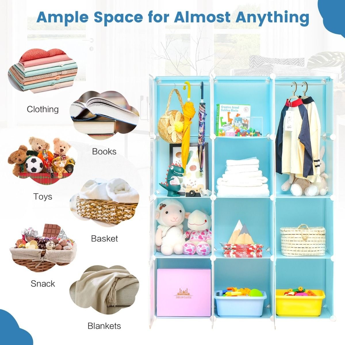 Penderie pour enfants Penderie pour bébés avec 2 sections suspendues et 12 cubes Mignonne commode de dessin animé pour chambre d'enfant Salle de jeux