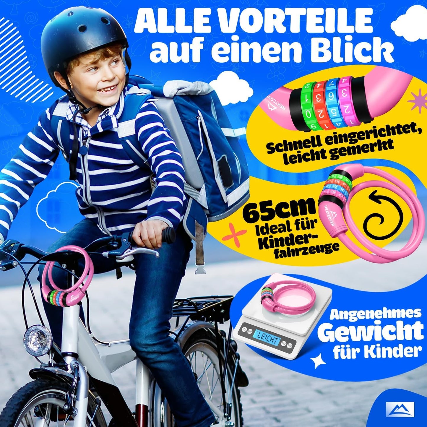 NEXTCOVER® Cadenas à vélo pour enfants - Code numérique à 4 chiffres - Cadenas à combinaison pour vélo avec chiffres colorés - Cadenas pour scooter Extra robuste et sûr - Rose