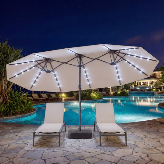 Parasol de jardin double Coast 460 x 285 cm - 48 LED solaires - Pied et sacs de sable inclus