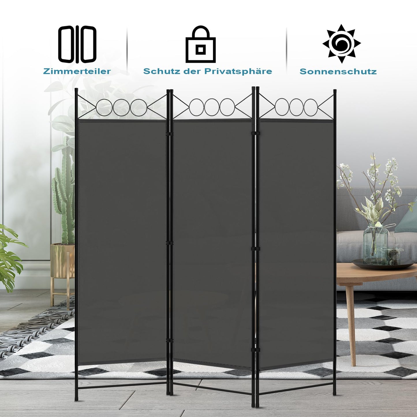 Paravent Woltu - 3 panneaux - Pliable - 167 x 172 cm - Gris foncé