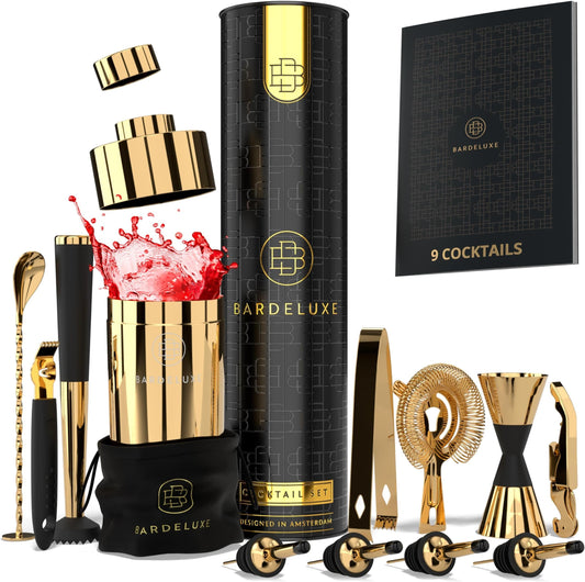 Set à cocktails BarDeluxe® - Set de barman 12 pièces avec shaker en acier inoxydable de 750 ml - doré - livret de recettes et pochette de rangement inclus