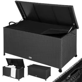 Casaria Polyrotan Cushion Box - équipé de deux ressorts à gaz, d'un revêtement intérieur imperméable et de deux roulettes - pour coussins d'assise et accessoires de jardin - acier laqué noir - cent dix-sept centimètres de long, cinquante-trois centimètres