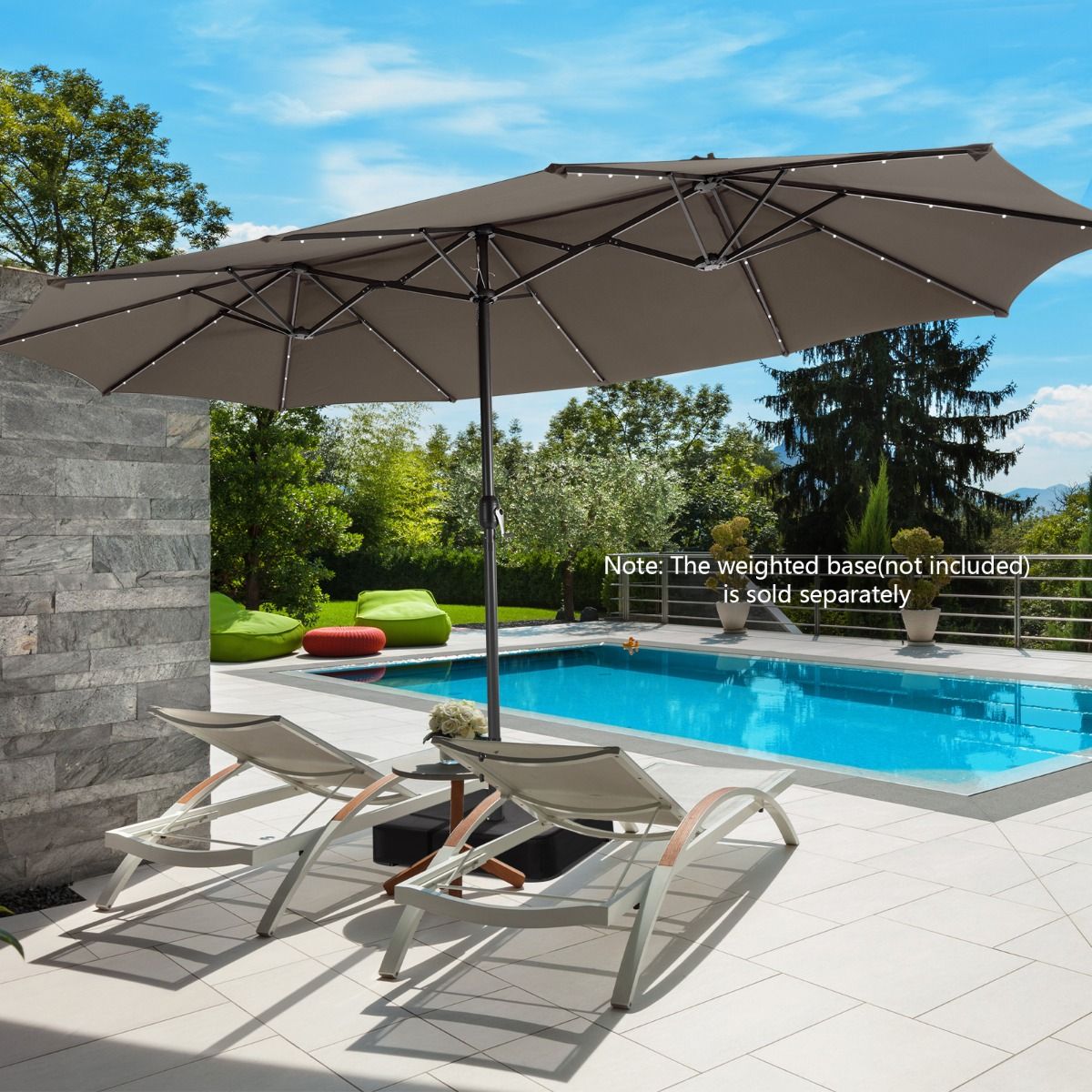 Parasol de terrasse double face Coast 470 x 280 cm - 48 LED avec panneau solaire - Système à manivelle - Marron