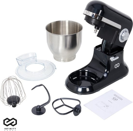 Infinity Goods Robot de cuisine - Mélangeur de cuisine - Bol de mélange en acier inoxydable de 6,5L - Robot de cuisine - Robot ménager - Avec accessoires - 1600W - Noir