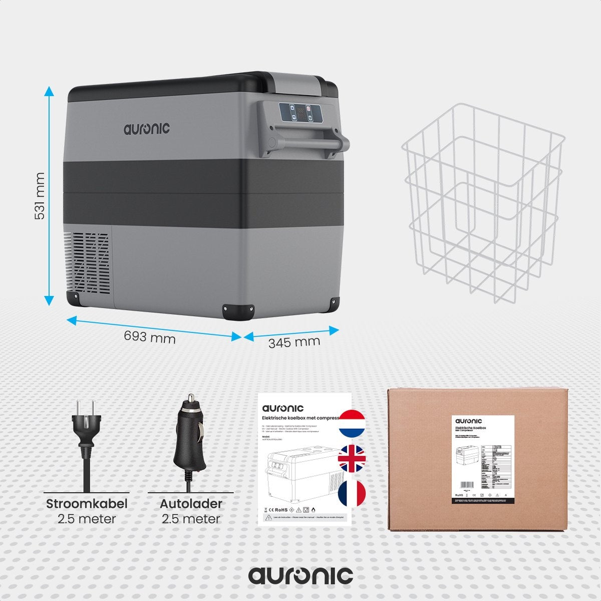 Glacière électrique à compresseur Auronic - 49.5L - Chargeur voiture 12V Prise de courant 230V - Gris