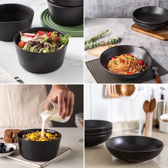 Deleca Service de table 6 personnes - Bols, Coupes / Assiettes - Faïence solide - Noir mat / 24 pièces