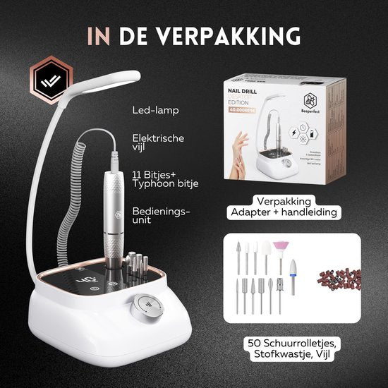 Beeperfect® Lime à ongles électrique édition de bureau - Moulin à ongles - Ensemble manucure et pédicure - 40 000 tr/min - sans fil et rechargeable - 11 embouts, 3 accessoires et 56 rouleaux de ponçage - or rose