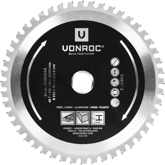 VONROC Lame de scie multi-matériaux - 255 x 30mm - 48 dents - Pour bois, aluminium, plastique et acier - Pour MS507AC