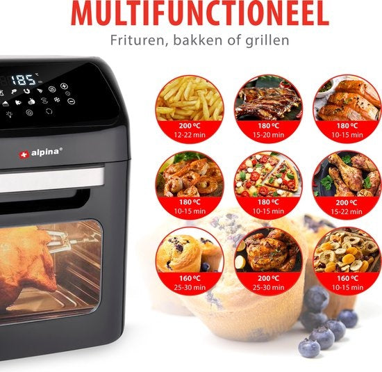 alpina Airfryer Oven 12L - Friteuse à air chaud 1800W - Four à air chaud avec fonction Bake et Grill