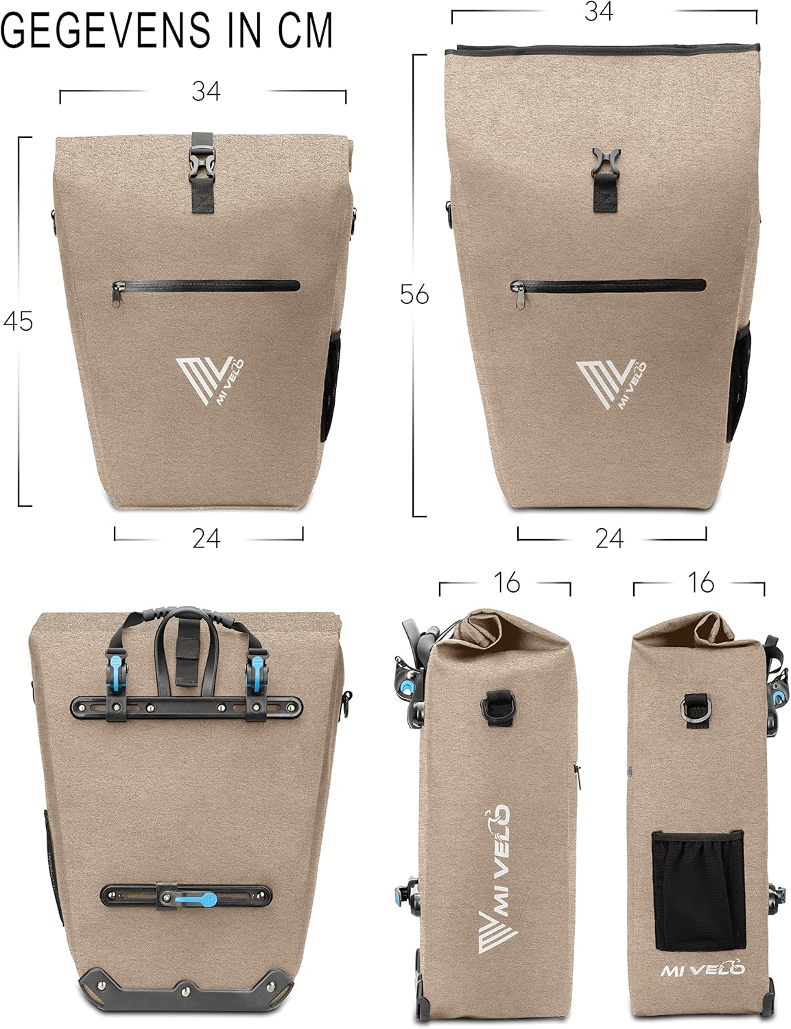 Sac de vélo MIVELO pour porte-bagages - 100 % imperméable, sans PVC, compartiment pour ordinateur portable, beige sable