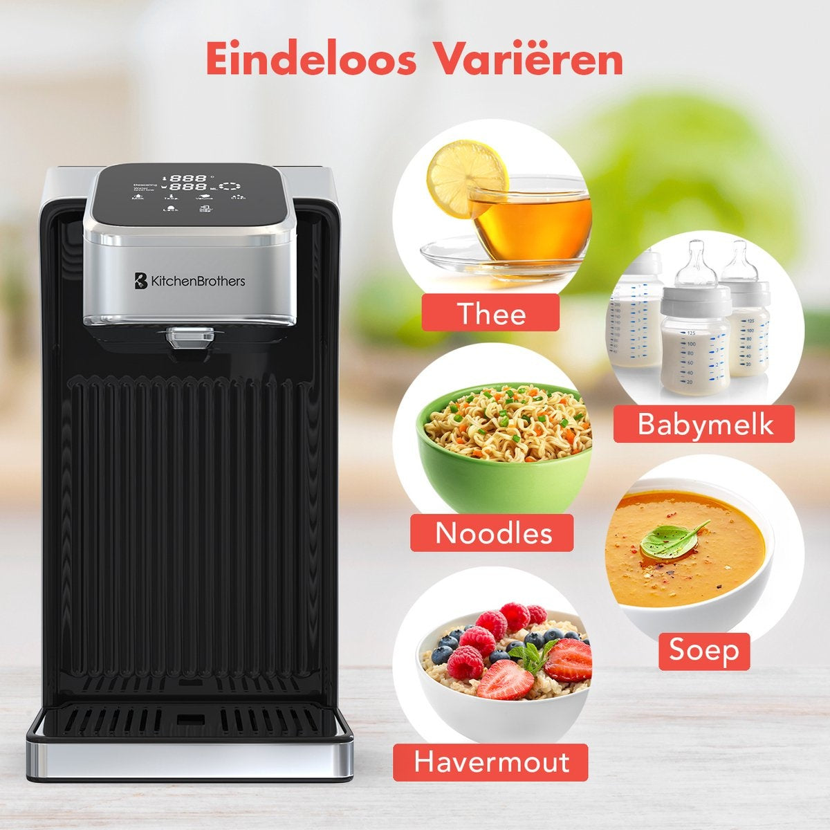 Distributeur d’eau chaude instantanée - KitchenBrothers - 2,7 L - Écran tactile LED - Température réglable 40 à 100°C - Acier inoxydable/Noir