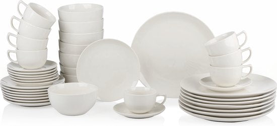 Service de table Alpina pour 8 personnes - Service en faïence 40 pièces - Ensemble comprenant des assiettes de petit-déjeuner, des assiettes plates, des bols, des tasses et des soucoupes - Service de table compatible avec le lave-vaisselle et le micro-ond