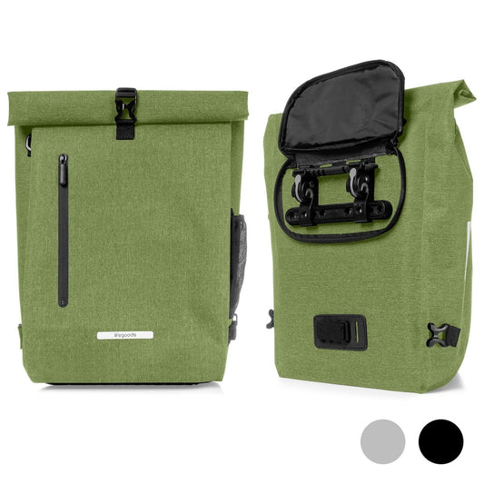 LifeGoods Single Bicycle Bag - Compact - Sac à bandoulière et sac à dos - 25L - Porte-bagages ronds - Imperméable - Vert olive